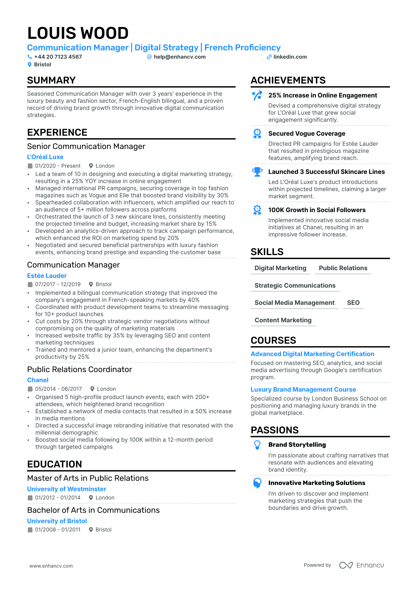 Communication Manager cv example