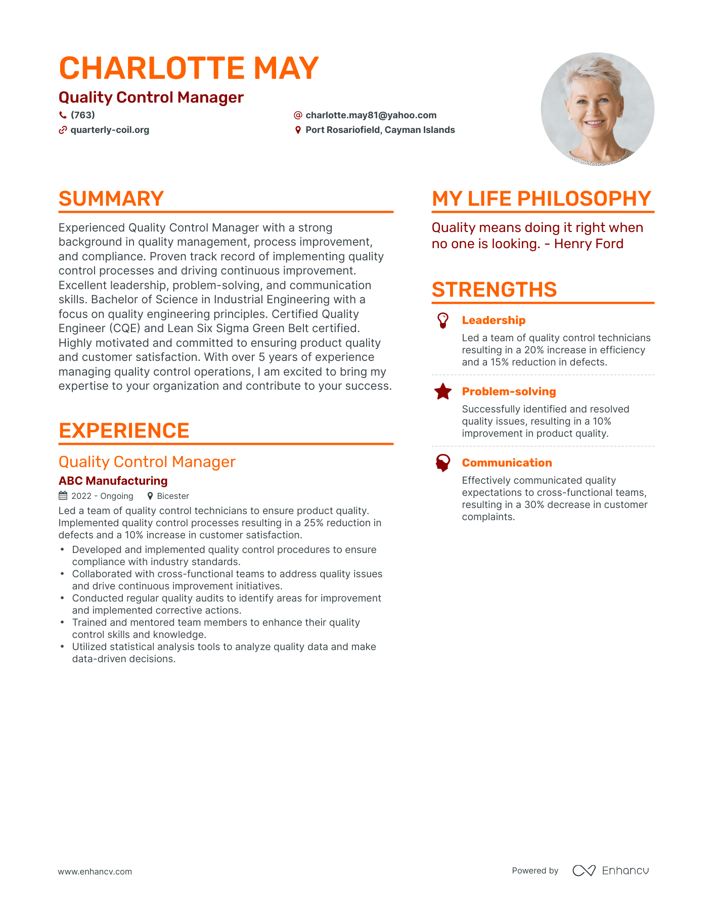 Modern Quality Control Manager Resume Example