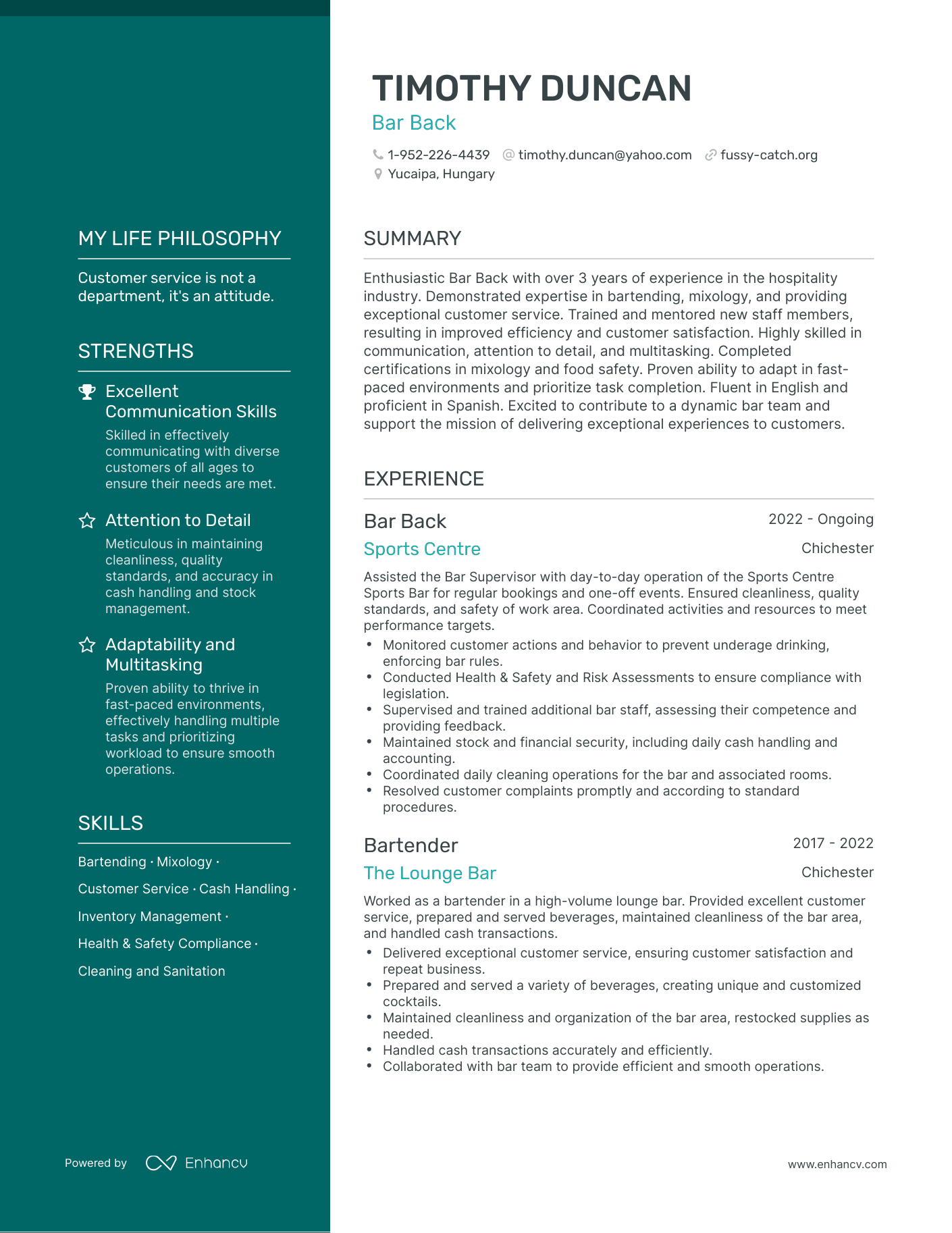 Bar Back resume example