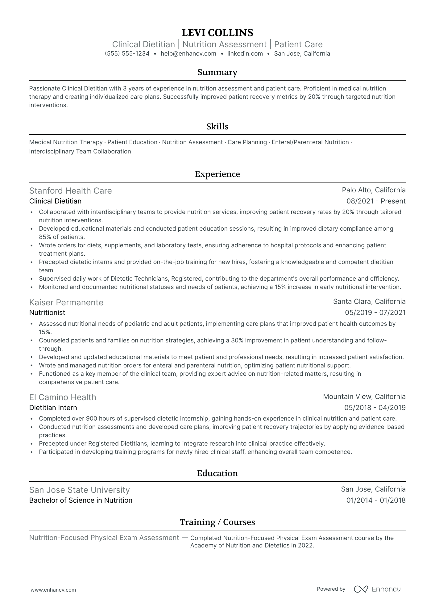 Clinical Dietician resume example