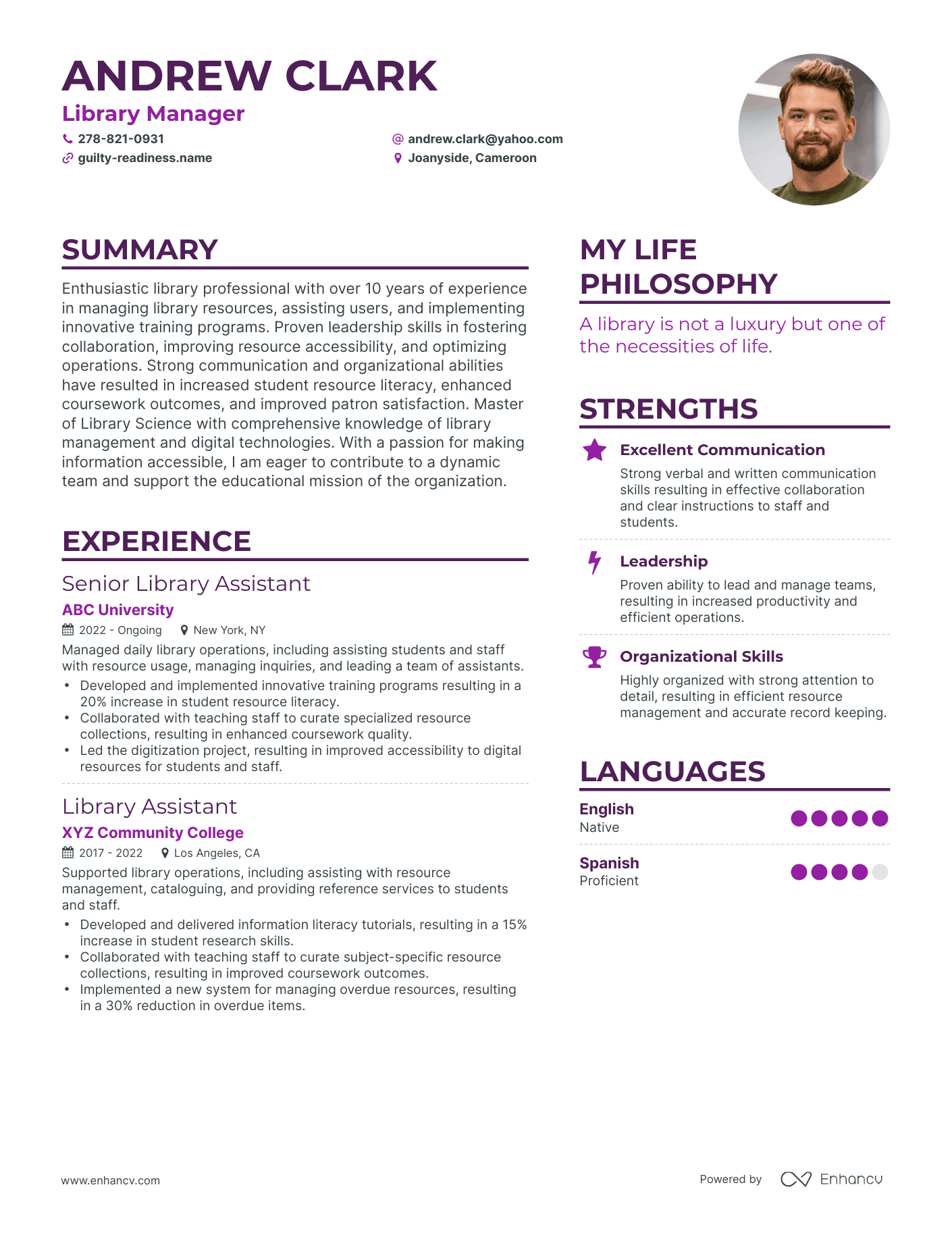 Library Manager resume example