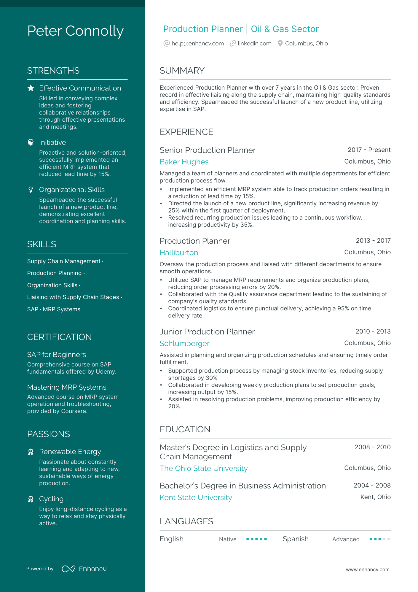 Production Planner resume example