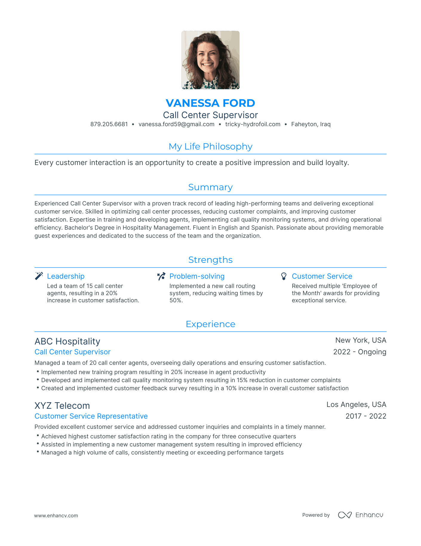 Modern Call Center Supervisor Resume Example