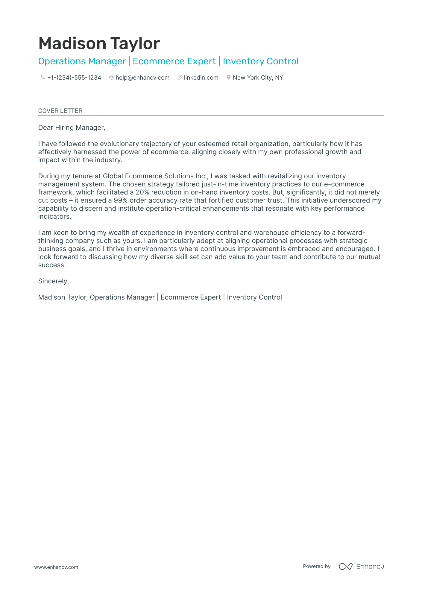 Warehouse Operations Manager cover letter
