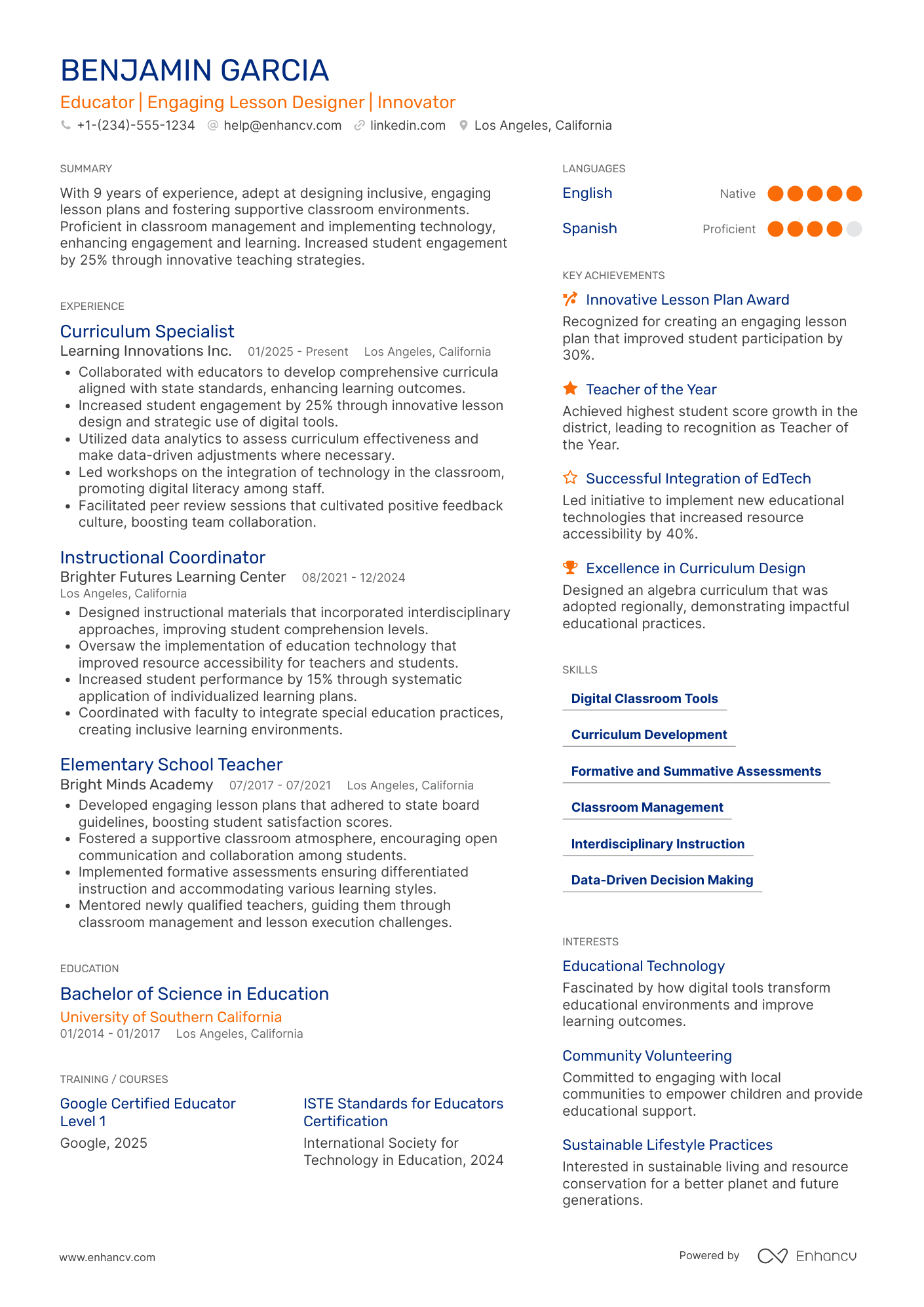 First Year Teacher resume example