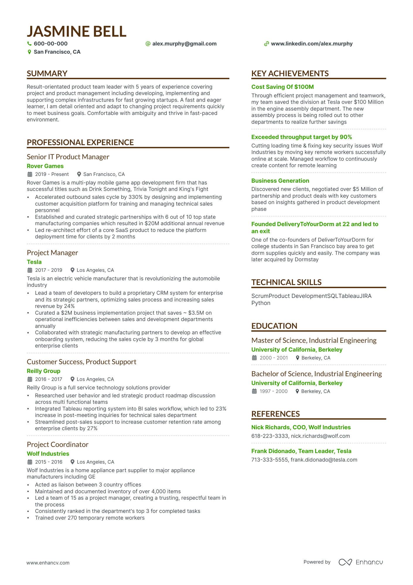 Product manager American CV example