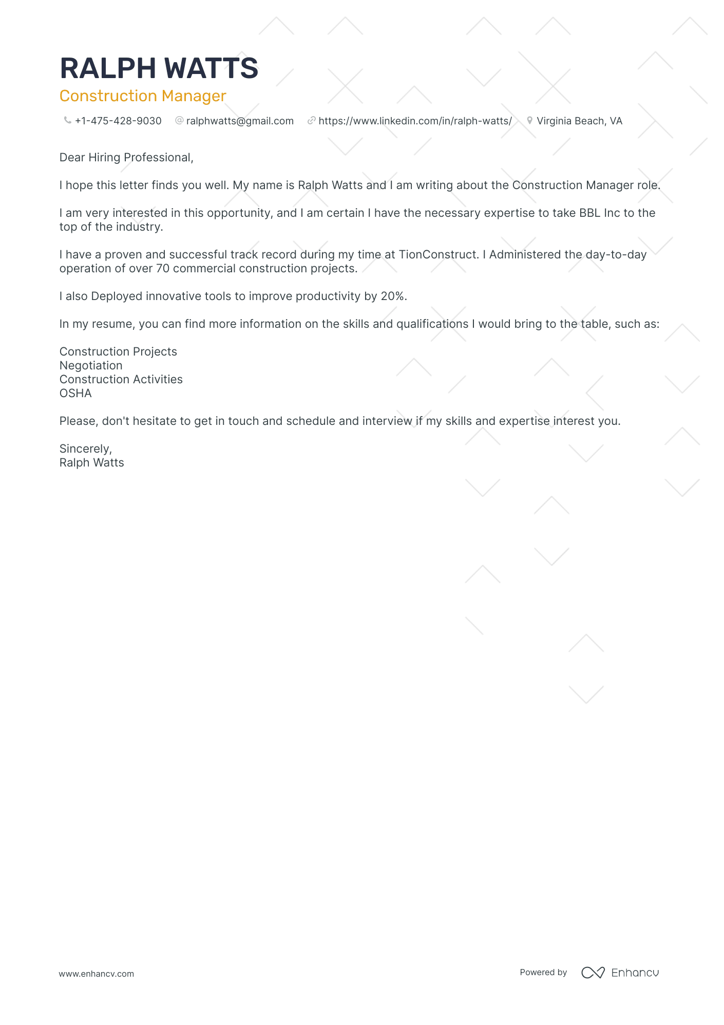Construction Manager cover letter