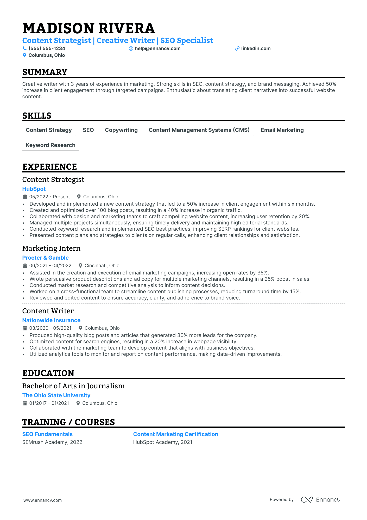 Content Strategy Copywriter resume example