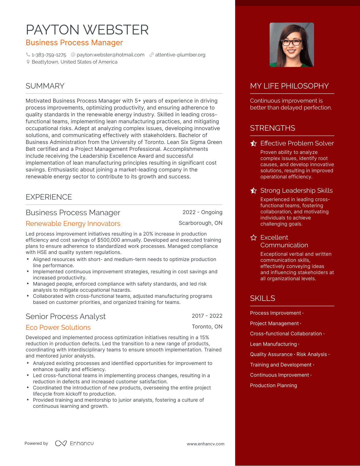 Business Process Manager resume example