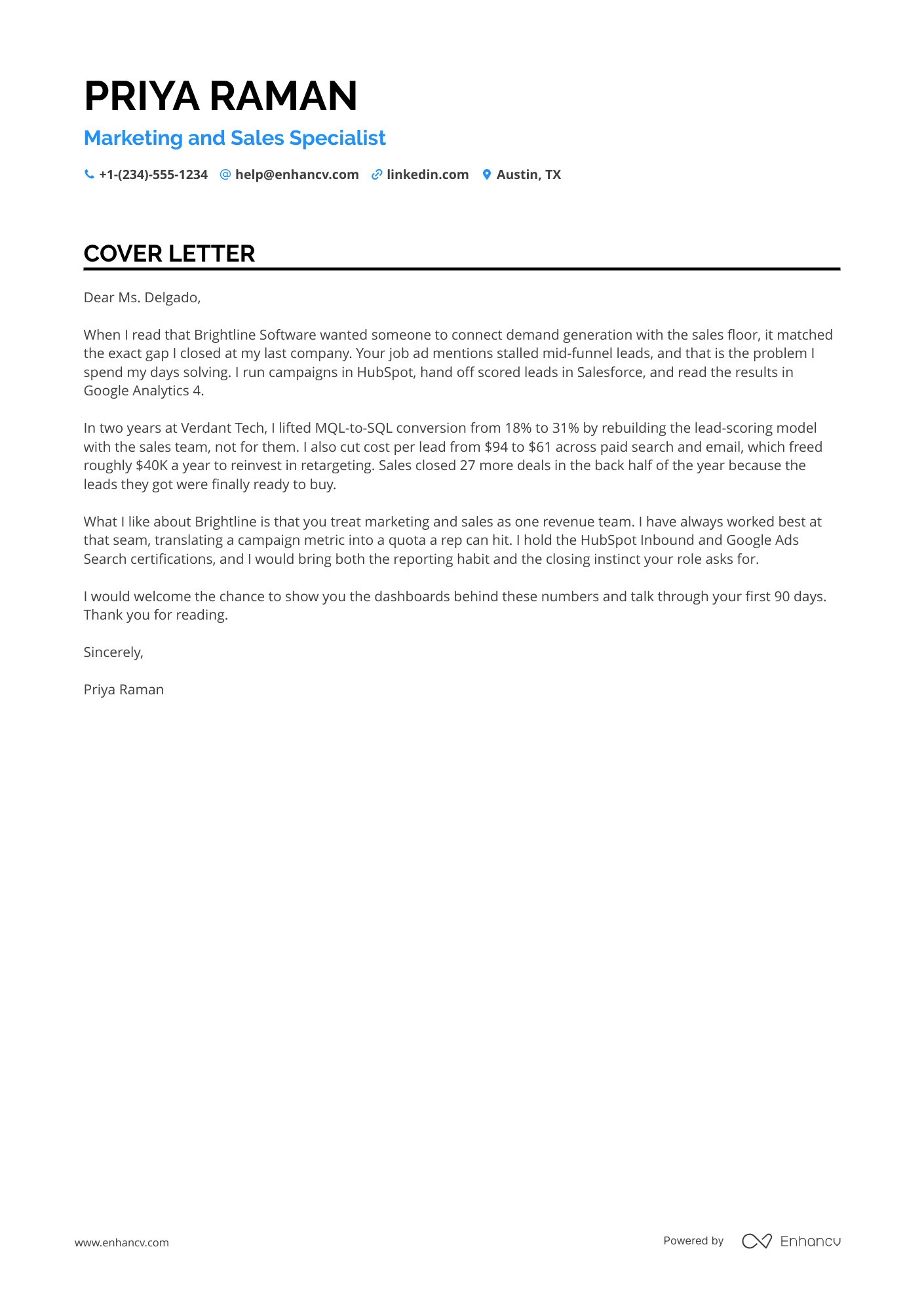 Marketing and Sales cover letter
