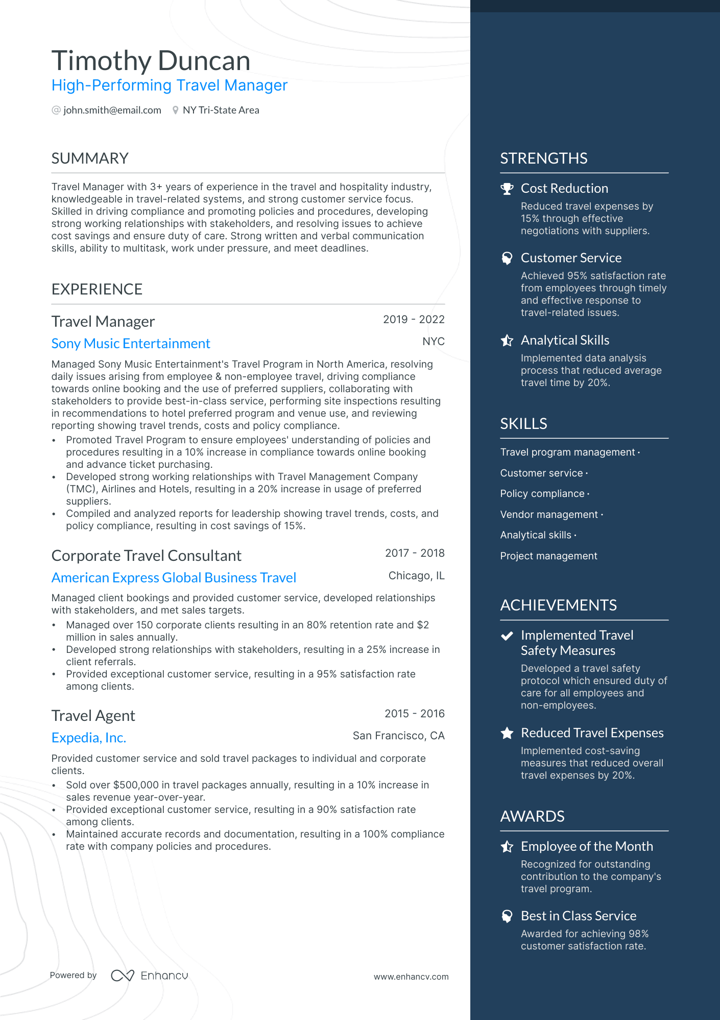 Travel Manager resume example