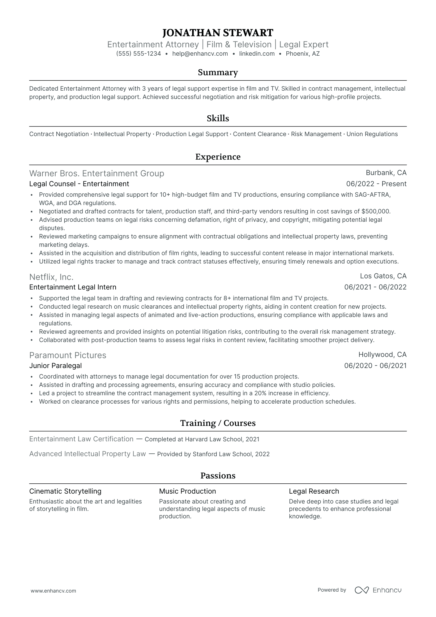 Entertainment Lawyer resume example