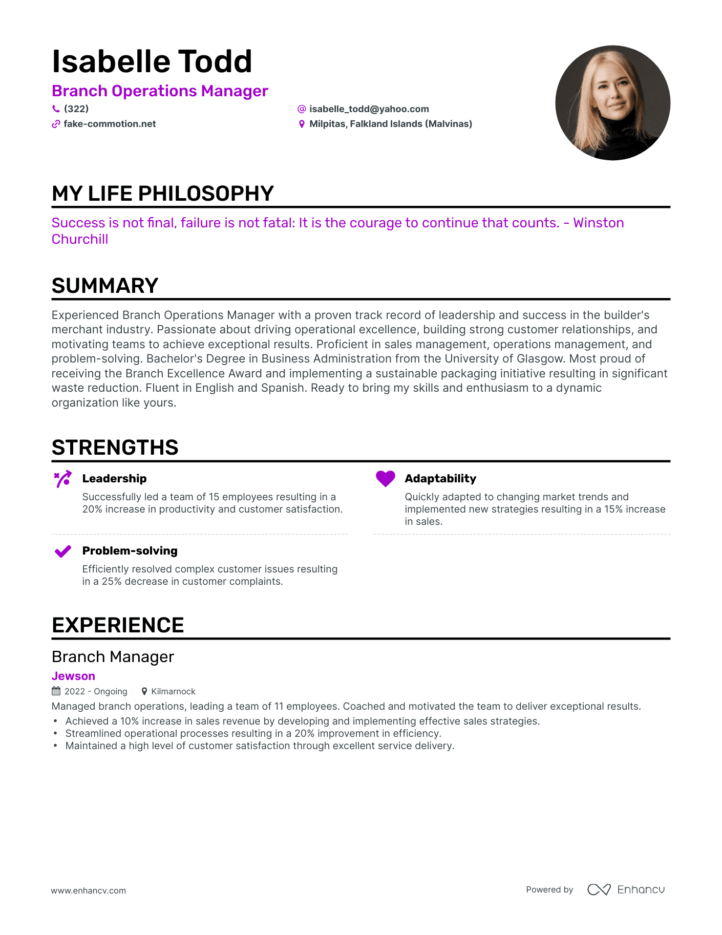 Creative Branch Operations Manager Resume Example
