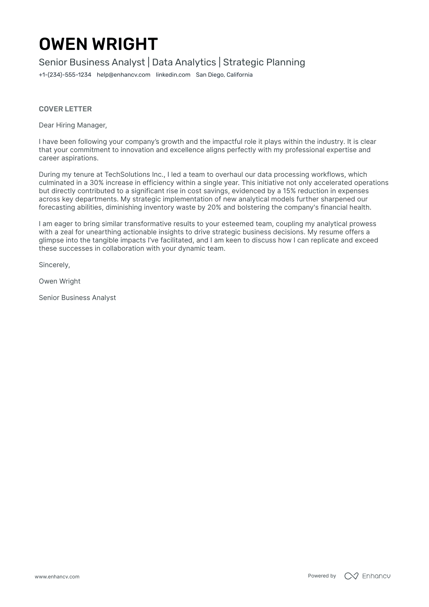 Excel Data Analyst cover letter