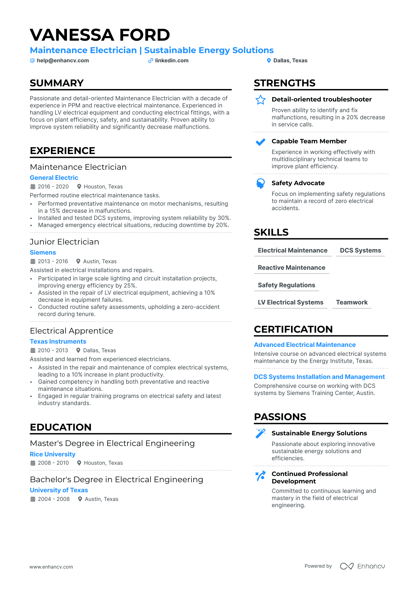 Maintenance Electrician resume example