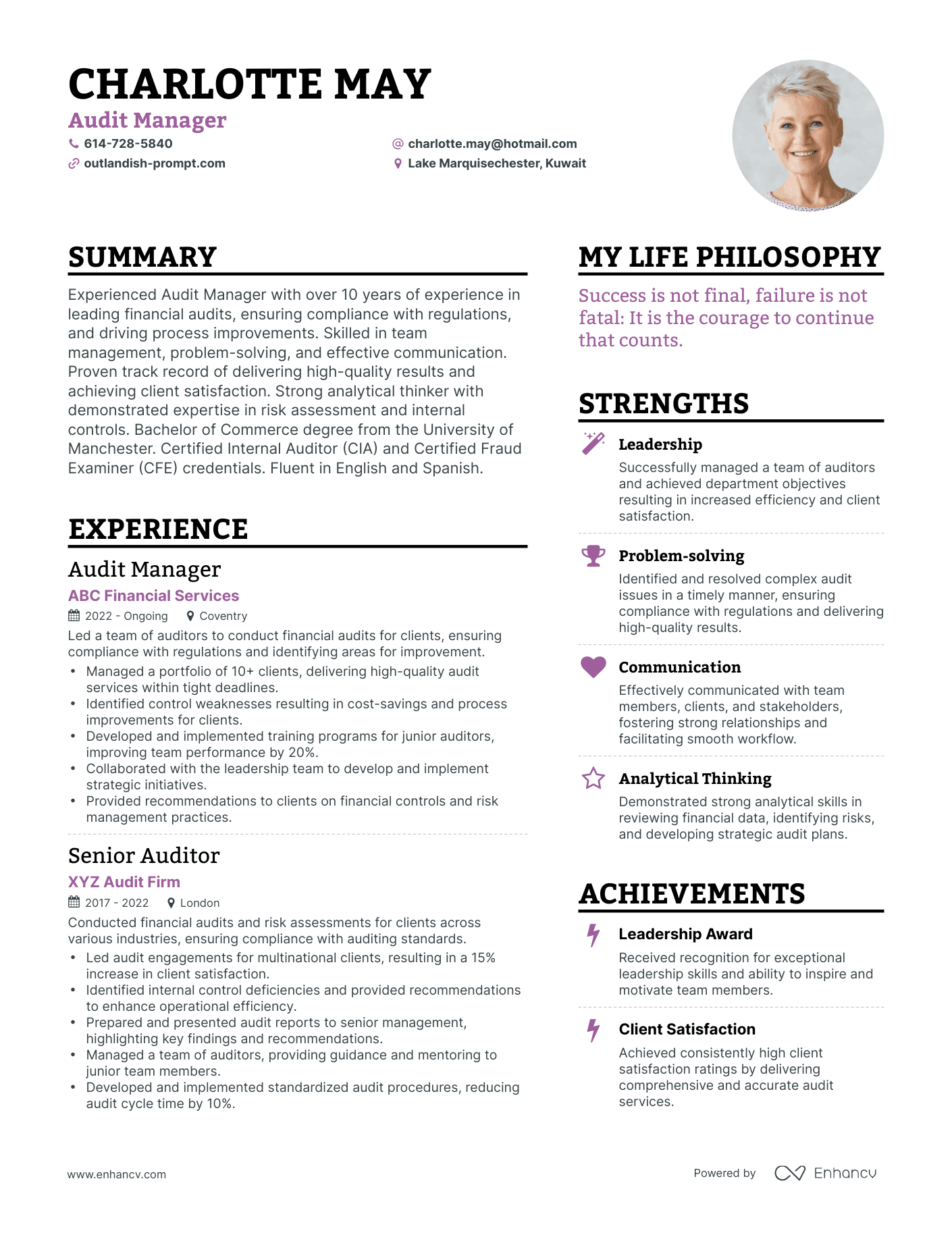 Audit Manager resume example