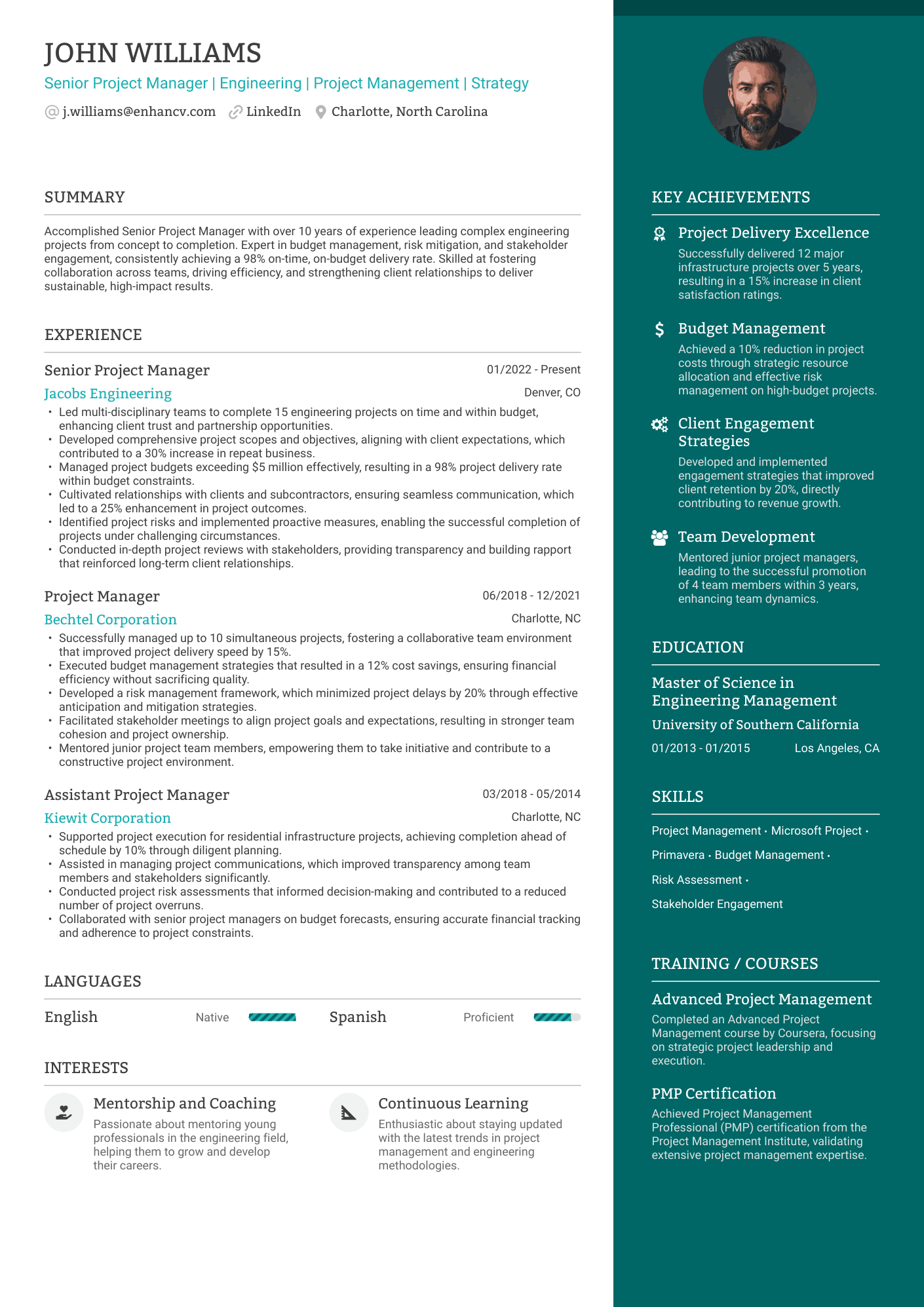 A two column resume template with a wider column for experience and a narrower, blue colored column for your highlights.