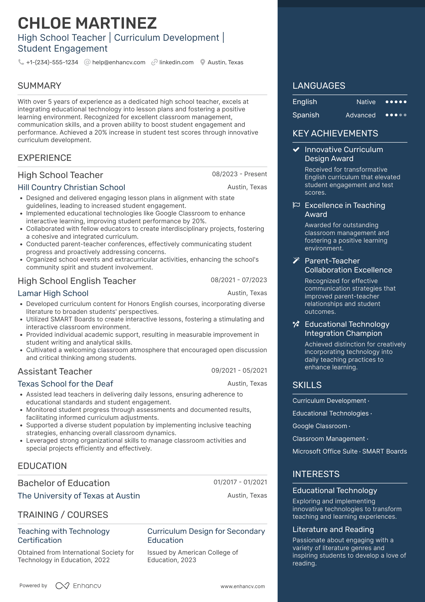 High School Teacher resume example