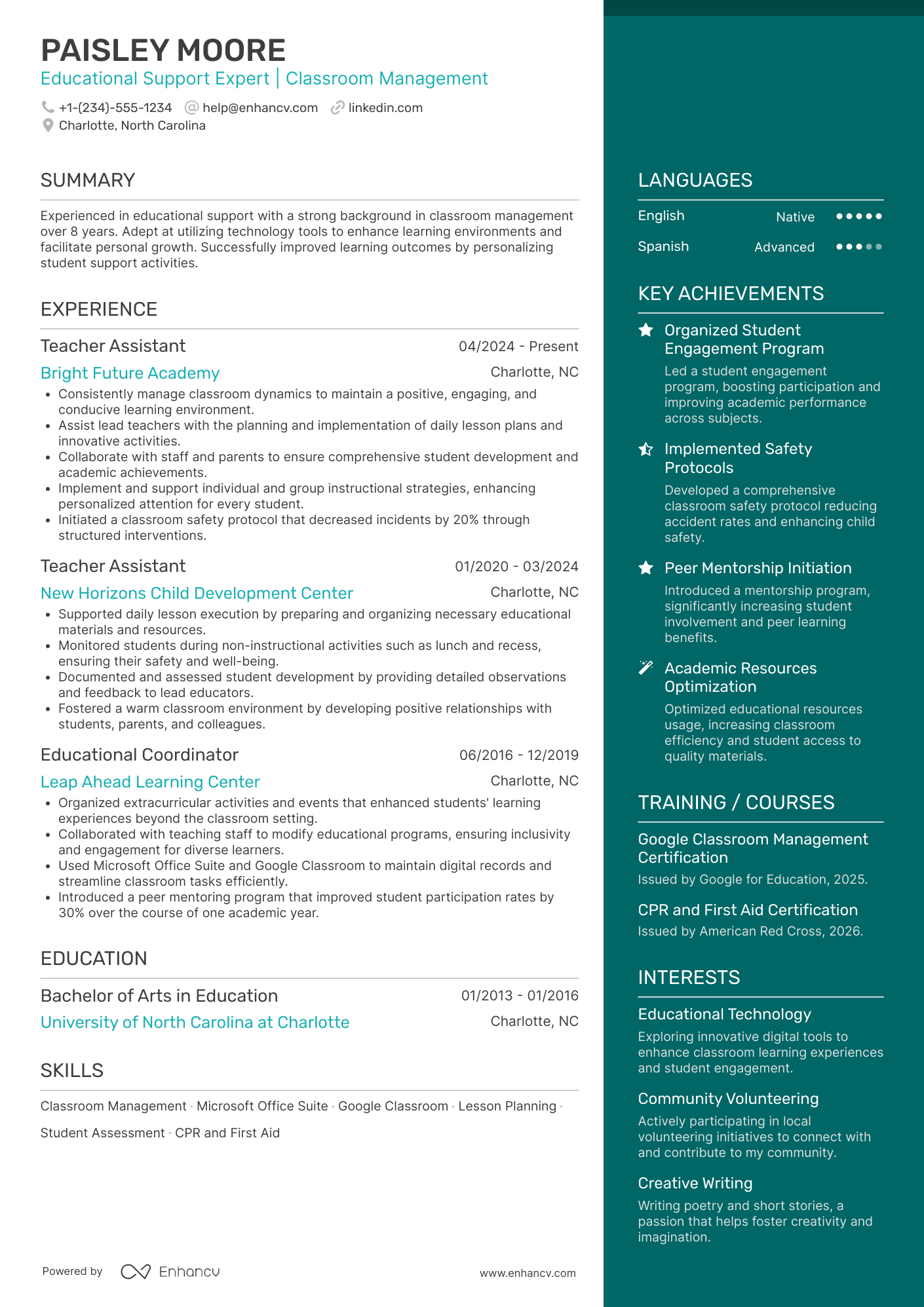 Teacher Assistant resume example