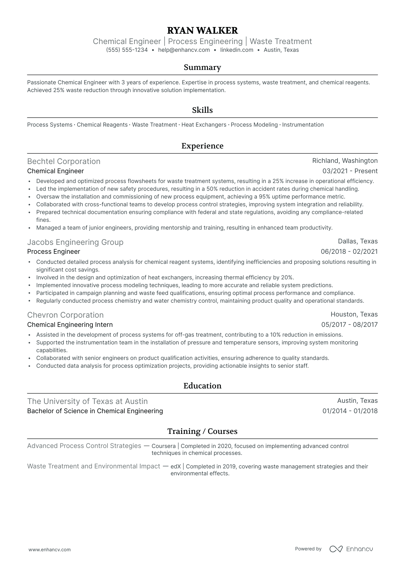 Chemical Plant Engineer resume example