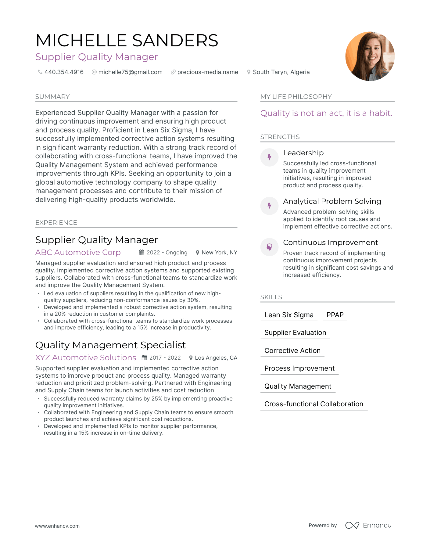 Modern Supplier Quality Manager Resume Example