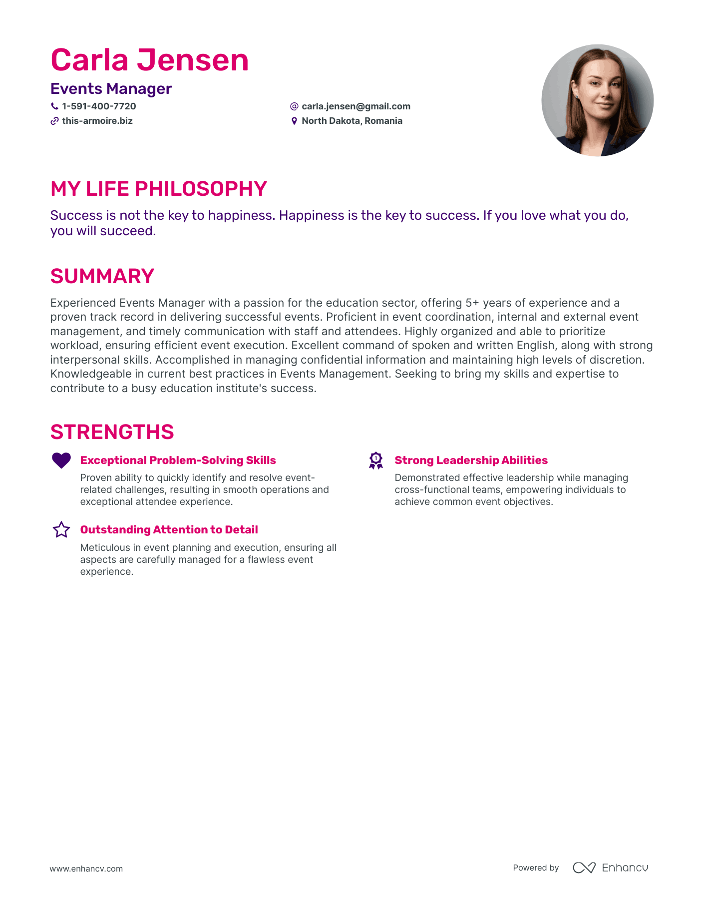 Creative Events Manager Resume Example