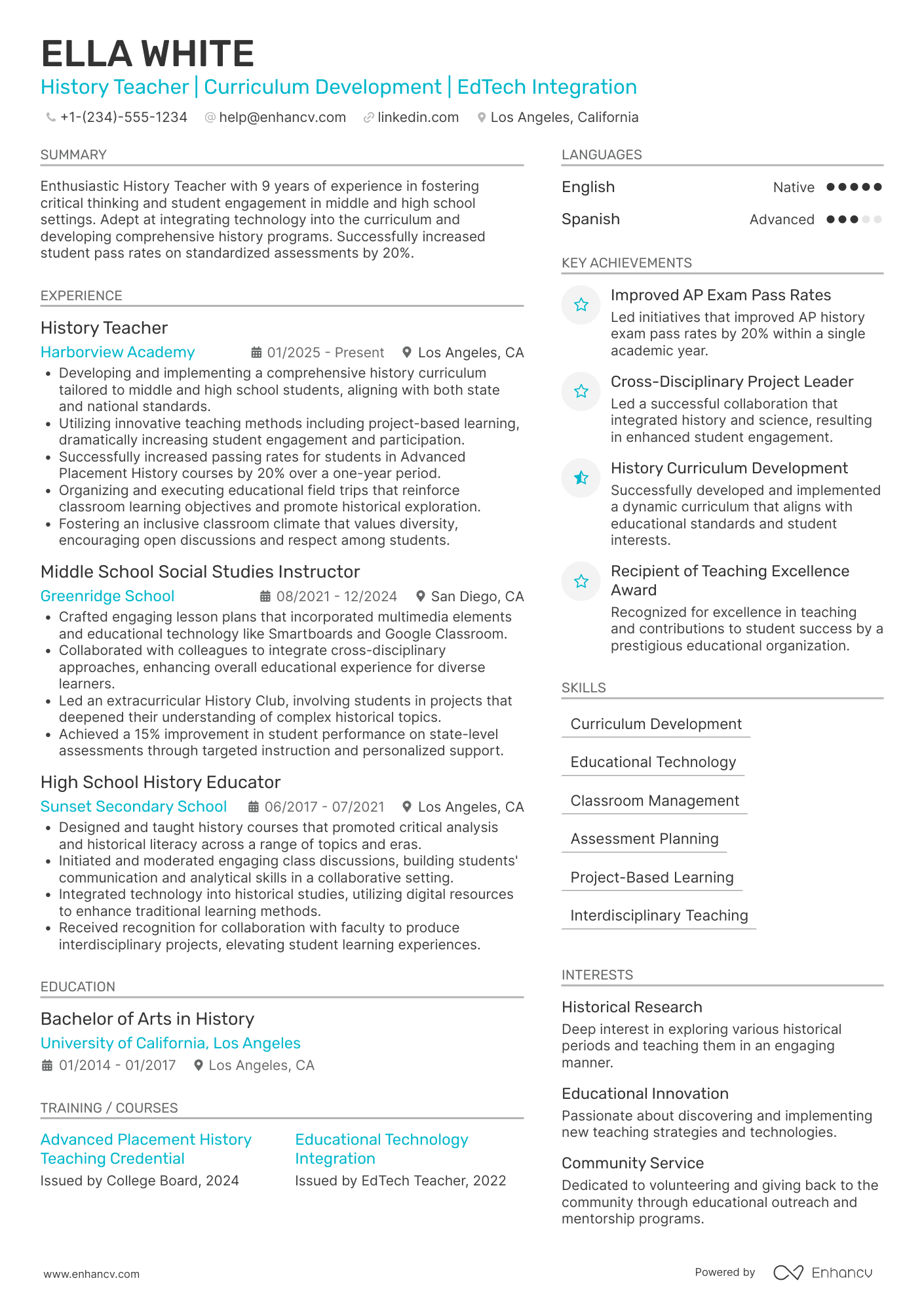 History Teacher resume example