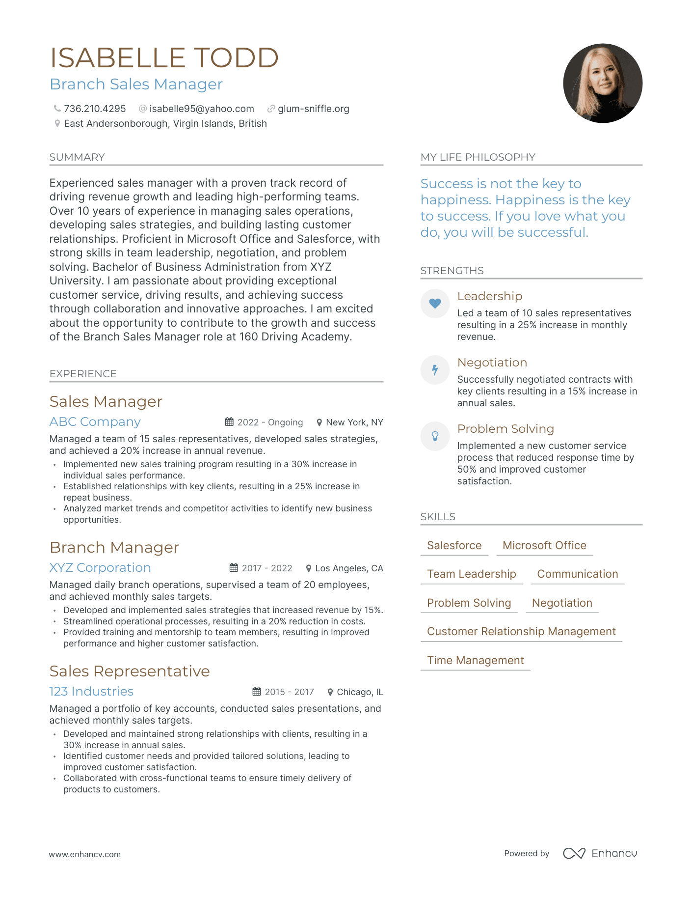 Modern Branch Sales Manager Resume Example