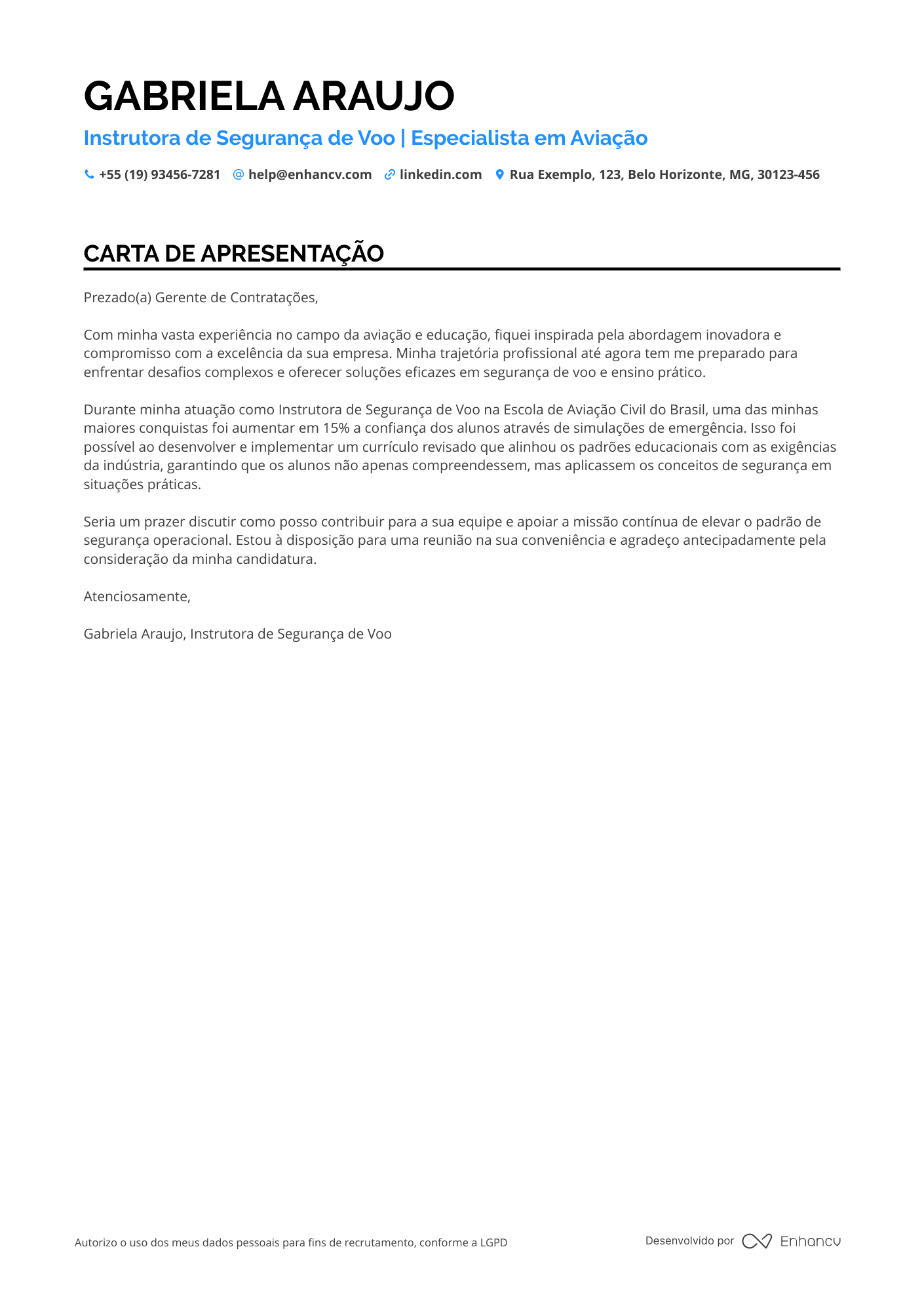 Comissário de bordo Carta de apresentação