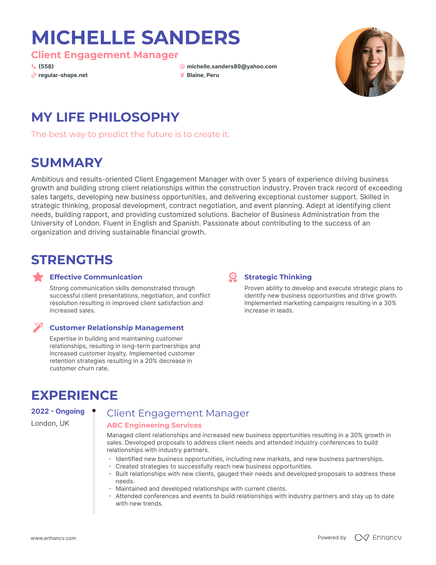 Creative Client Engagement Manager Resume Example