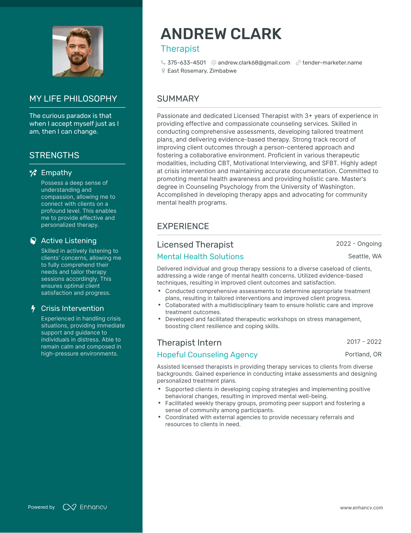 Creative Therapist Resume Example