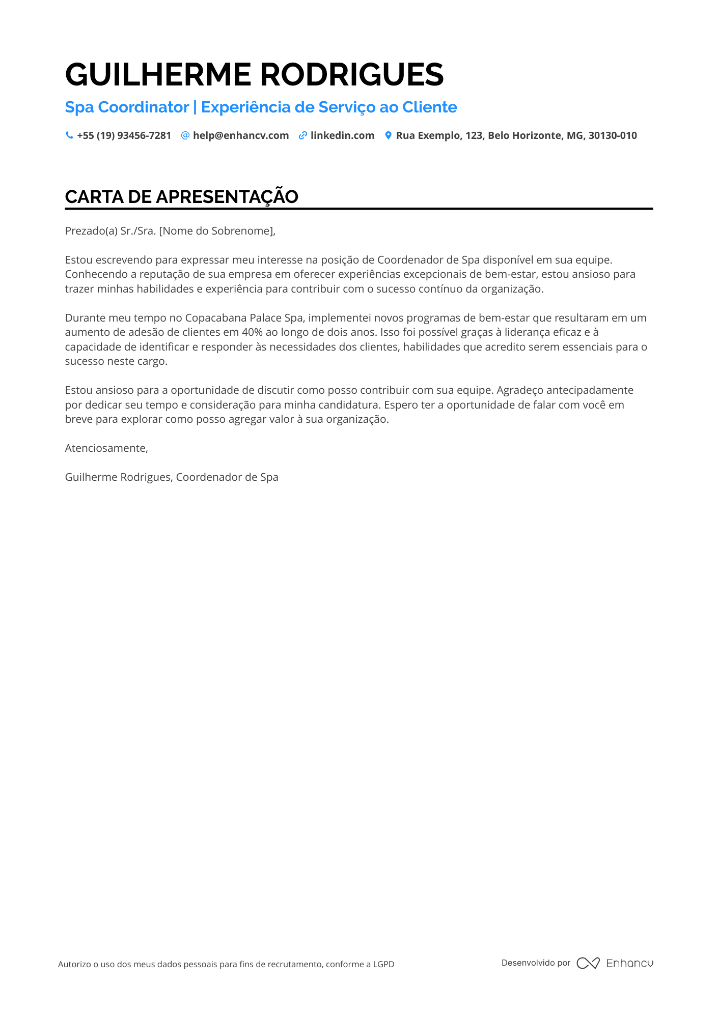Massoterapeuta Carta de apresentação