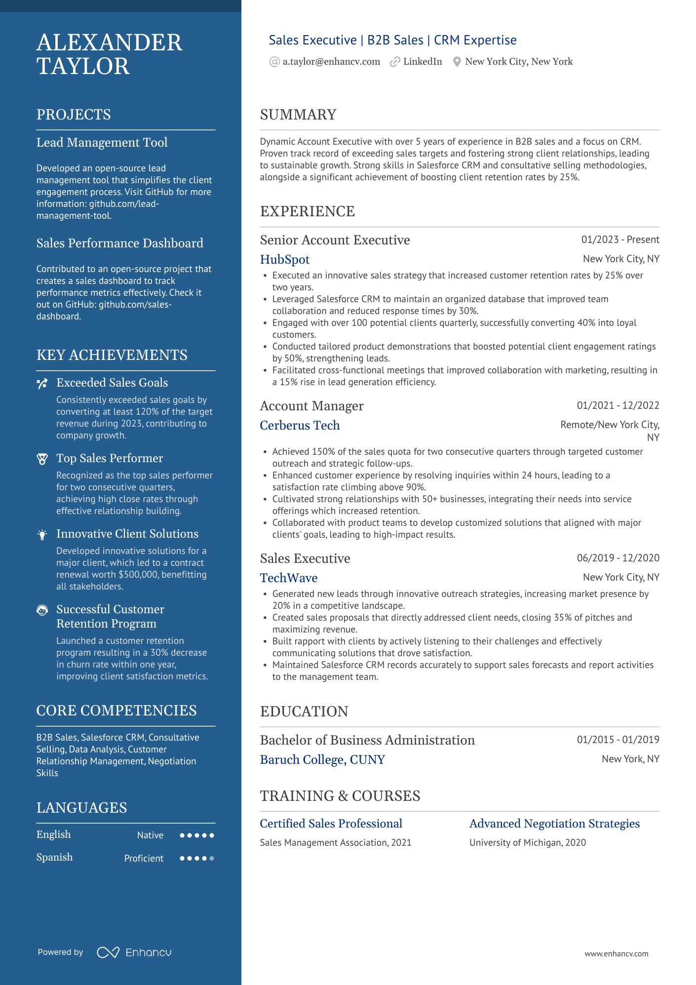Polished ATS resume template example featuring a structured, corporate layout with a blue accent color.