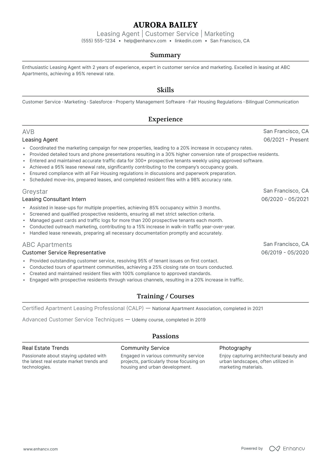 Leasing Agent Manager resume example