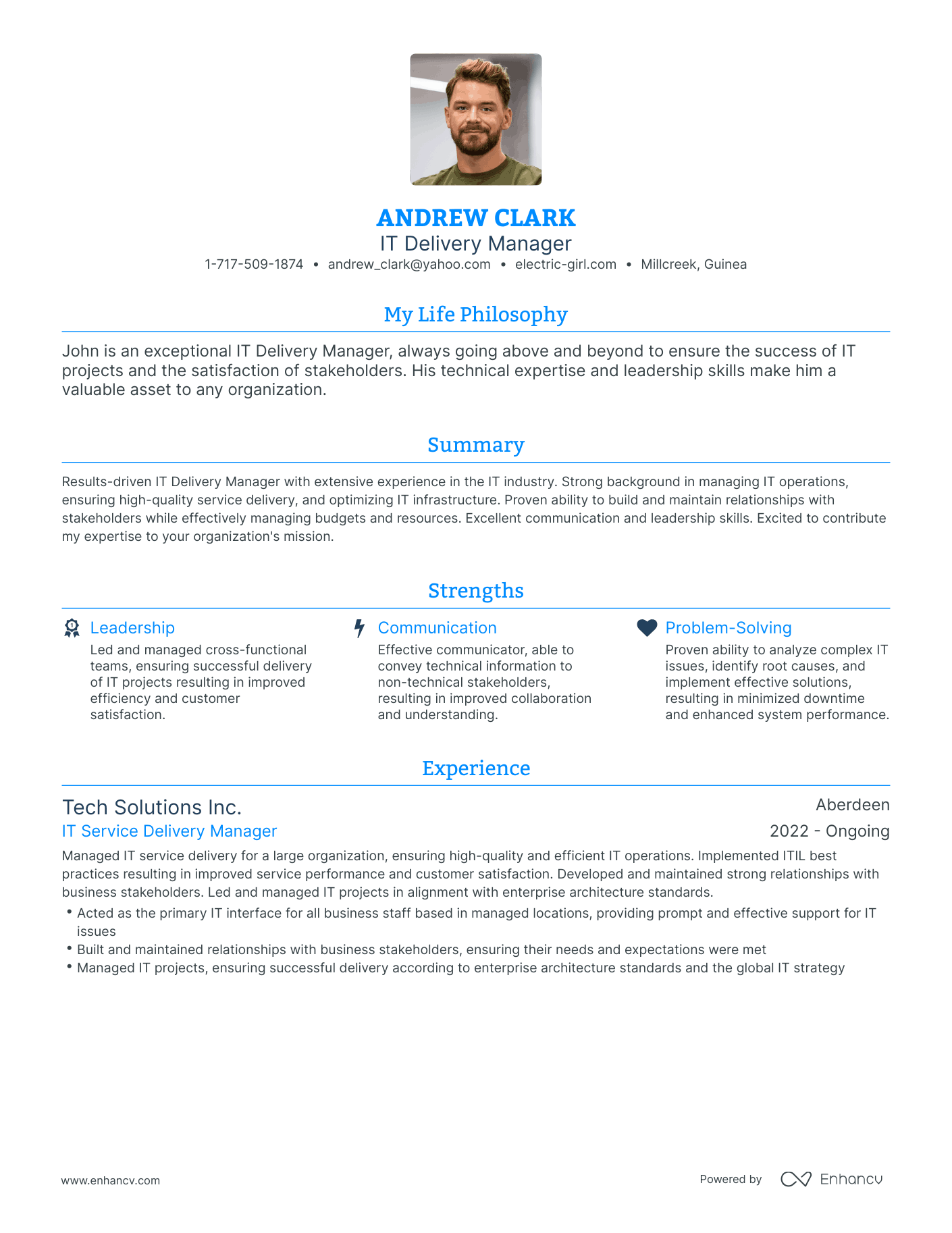 Modern IT Delivery Manager Resume Example