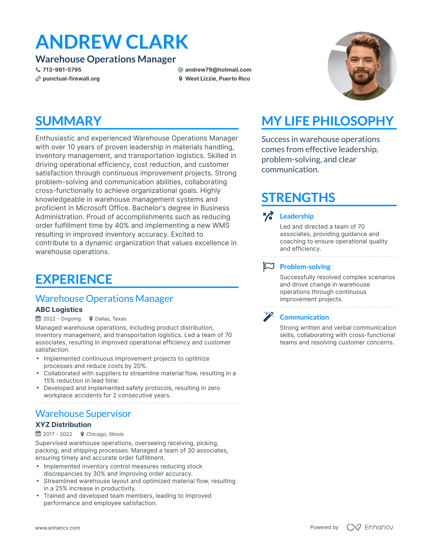 Warehouse Operations Manager resume example