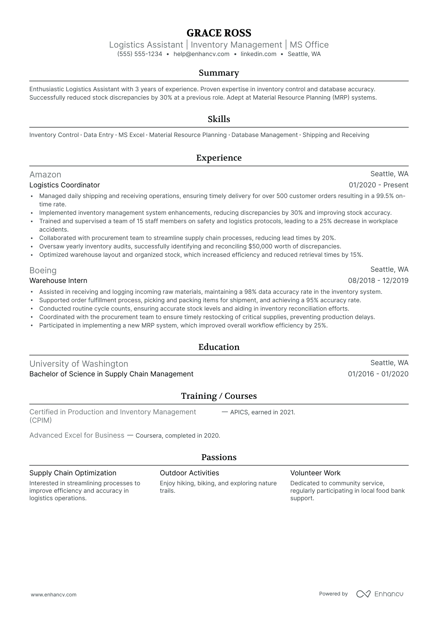 Logistics Assistant resume example