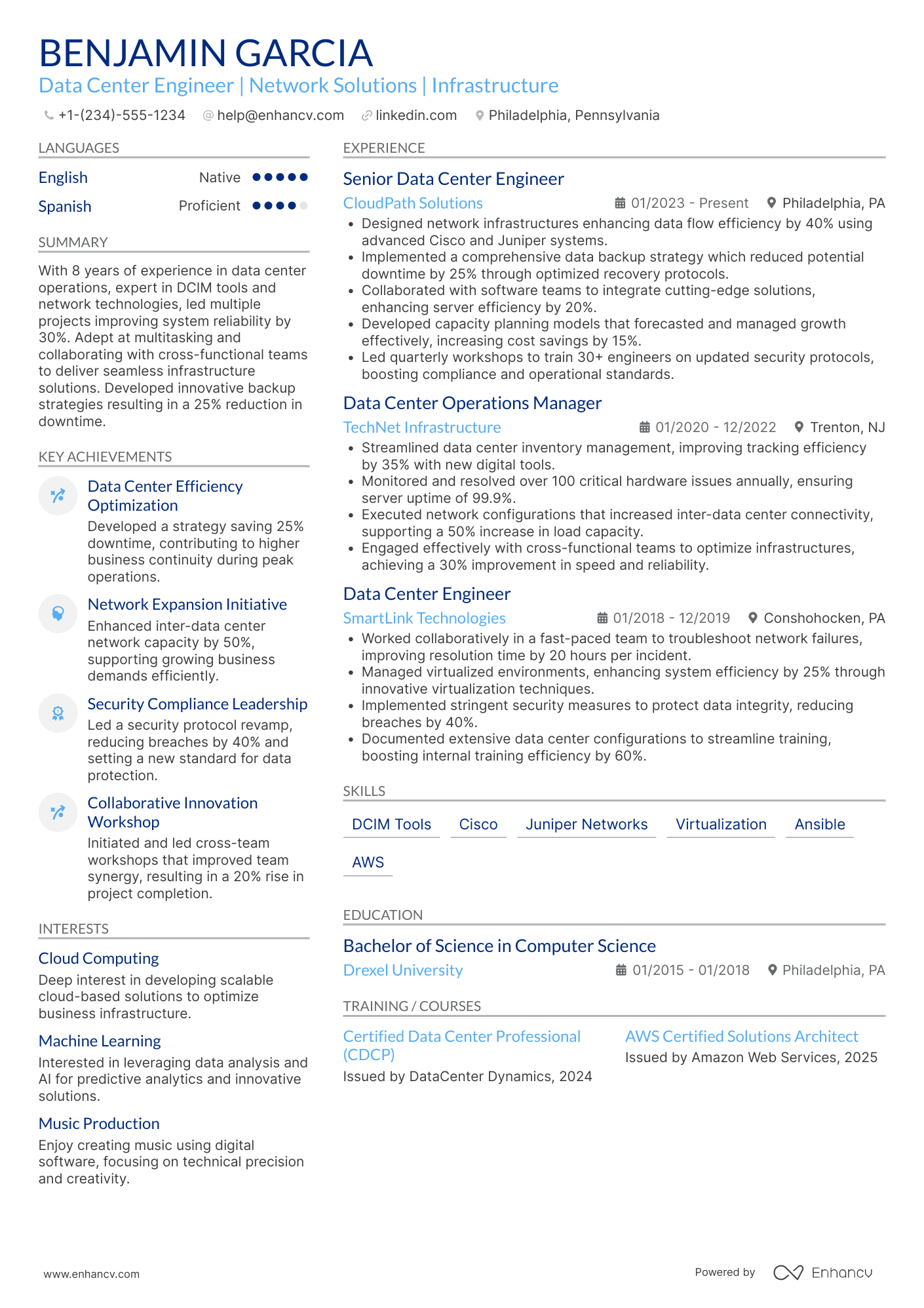Data Center Engineer resume example
