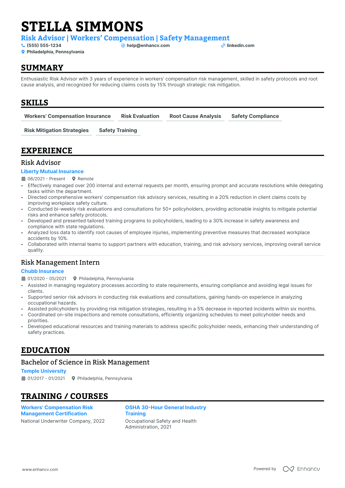 Risk Management Advisor resume example