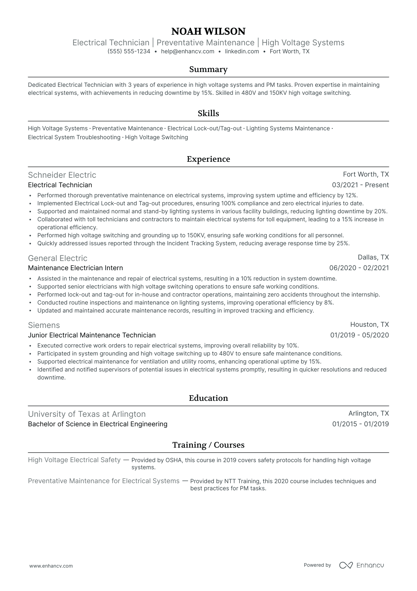 High Voltage Electrician resume example