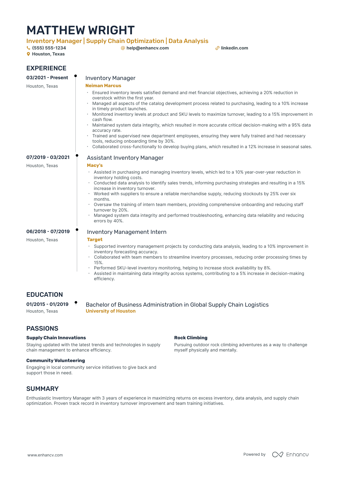 Inventory Analysis Manager resume example