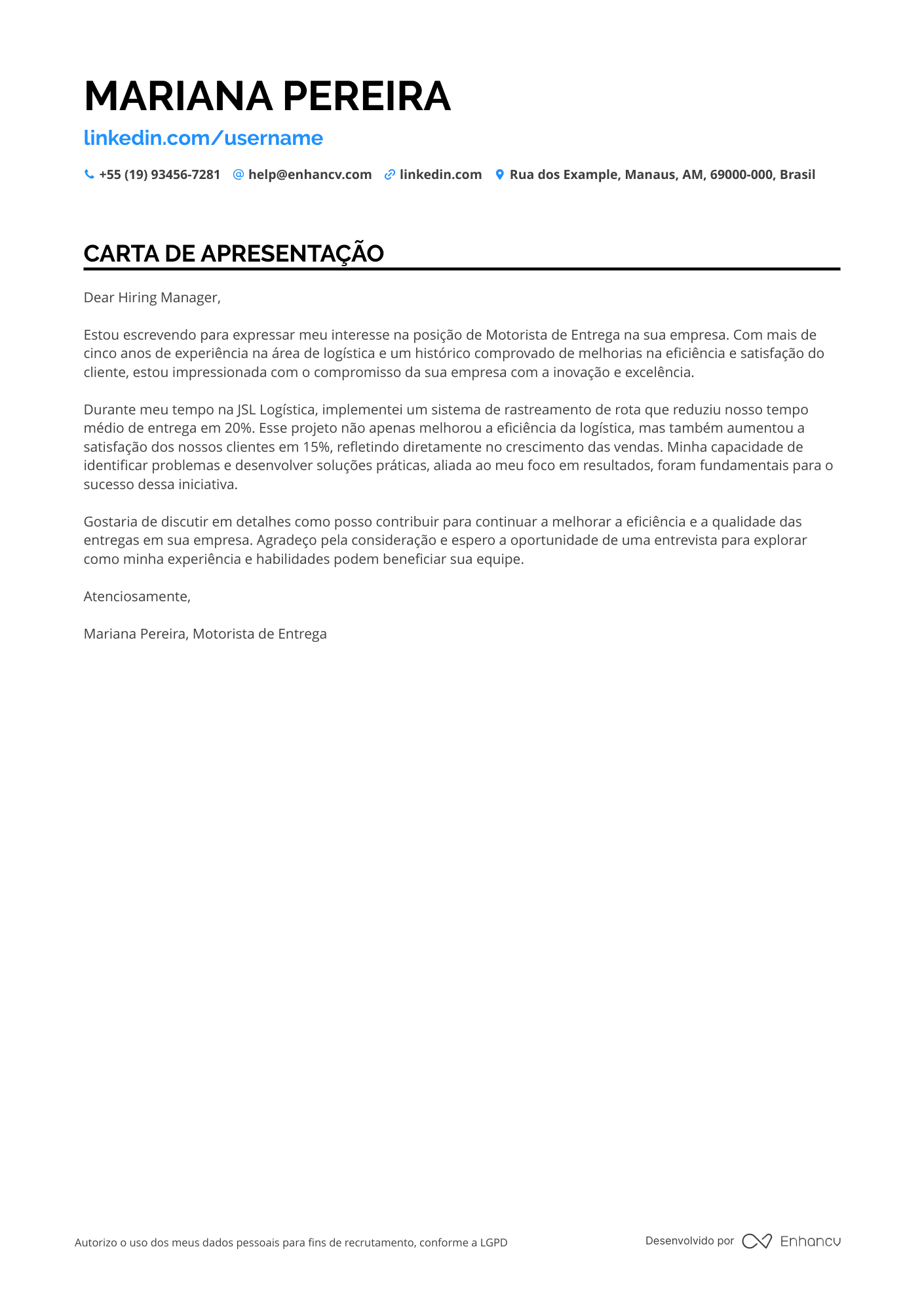 Motorista Uber Carta de apresentação