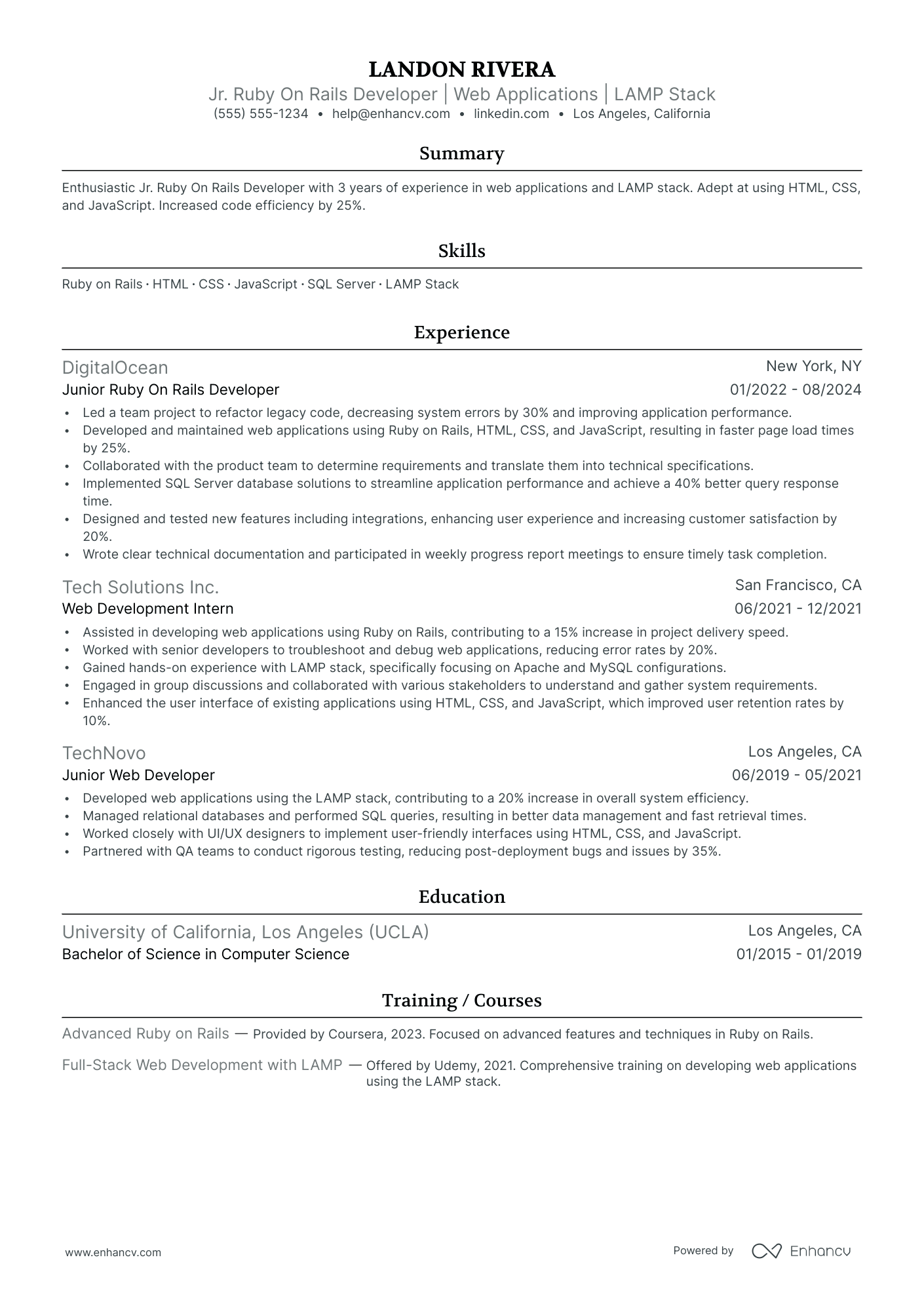 Ruby on Rails Full-Stack Developer Resume Example Resume Example