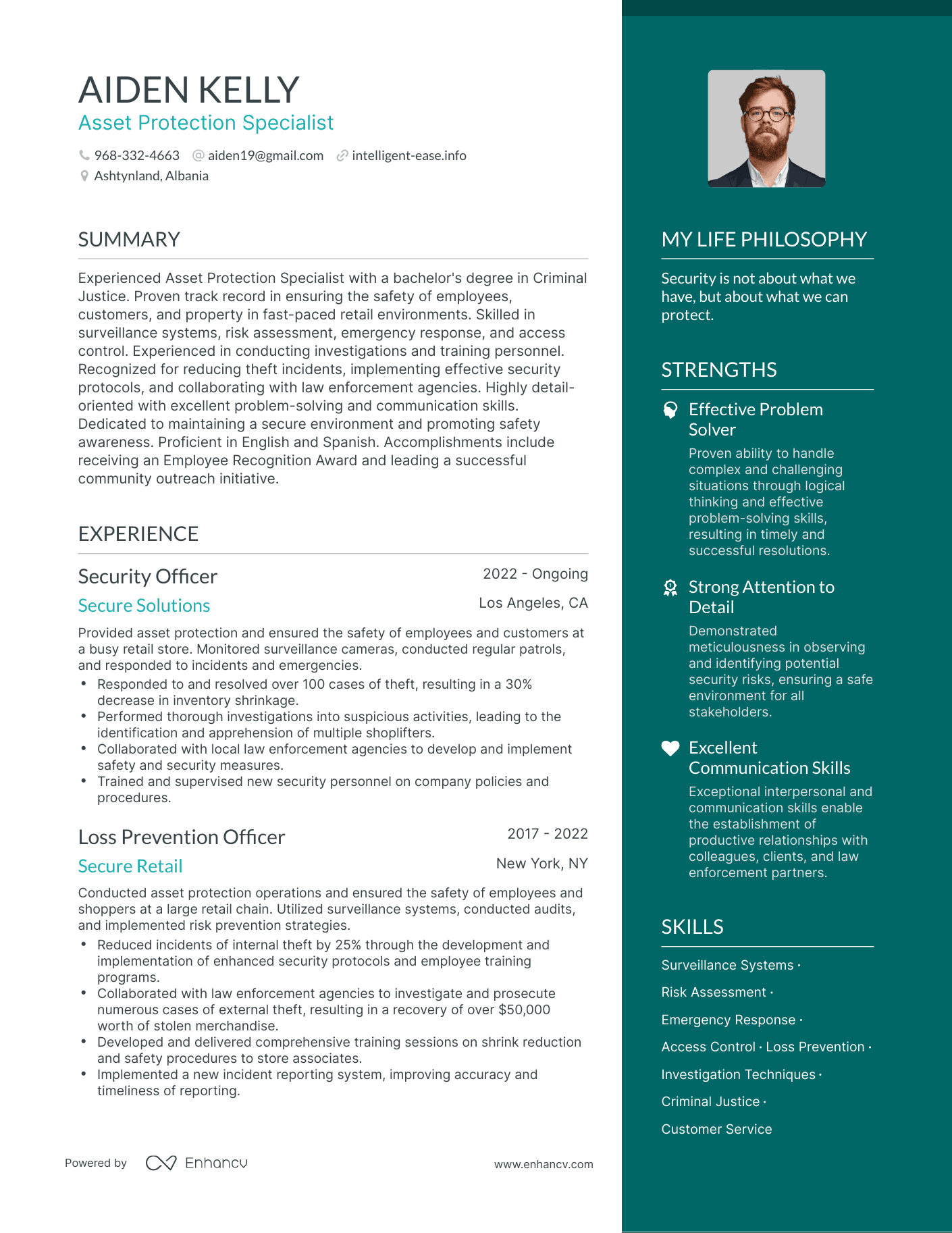Modern Asset Protection Specialist Resume Example