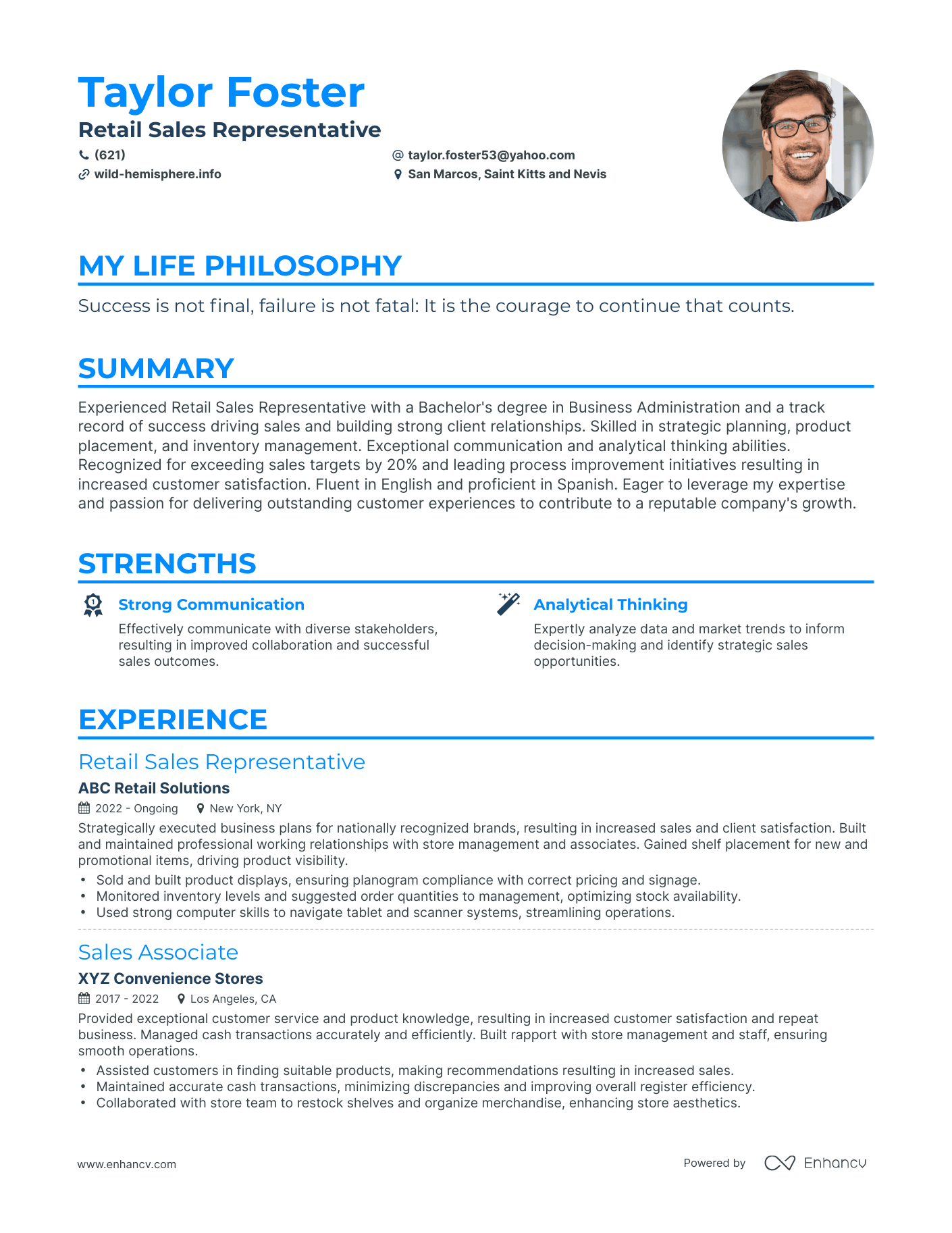 Retail Sales Representative Resume