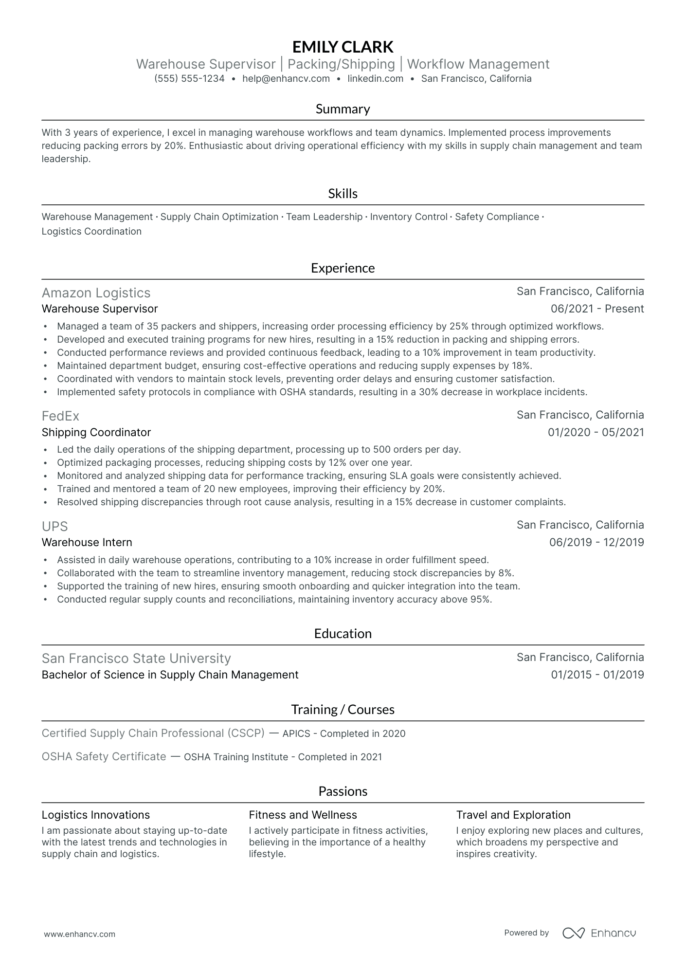 Warehouse Lead Supervisor resume example