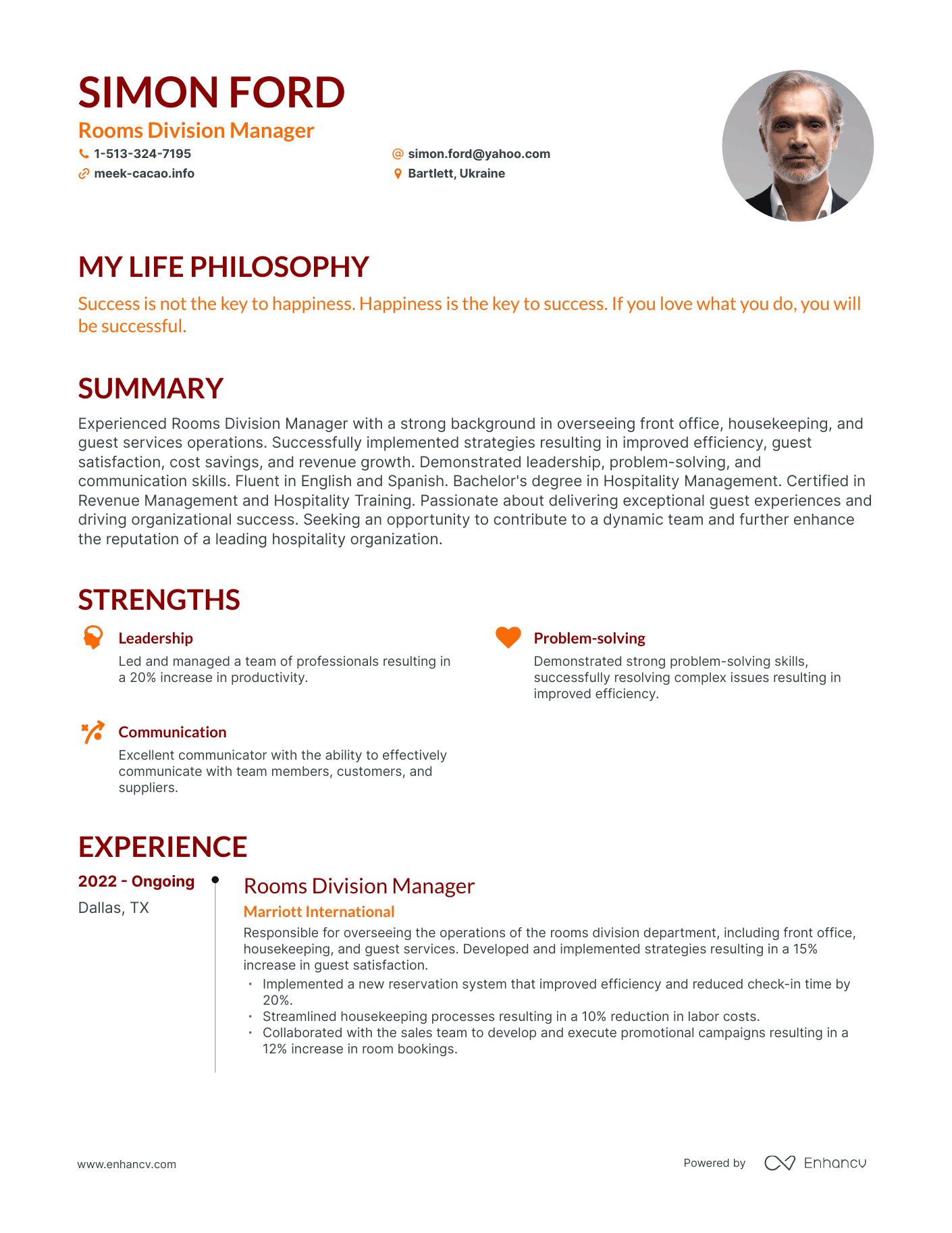 Creative Rooms Division Manager Resume Example