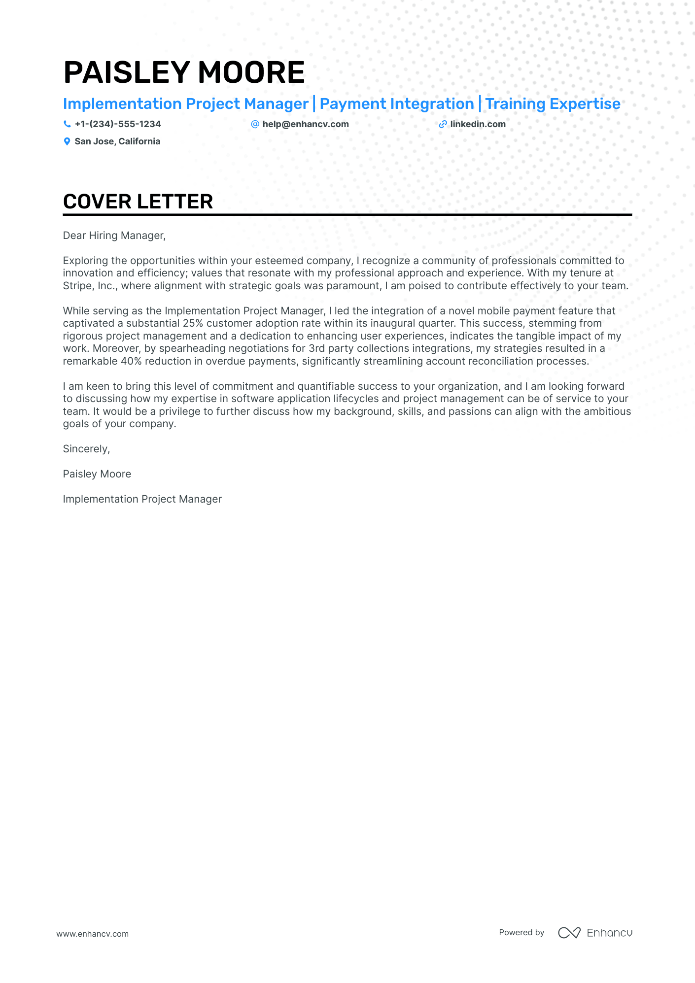 Implementation Project Manager cover letter