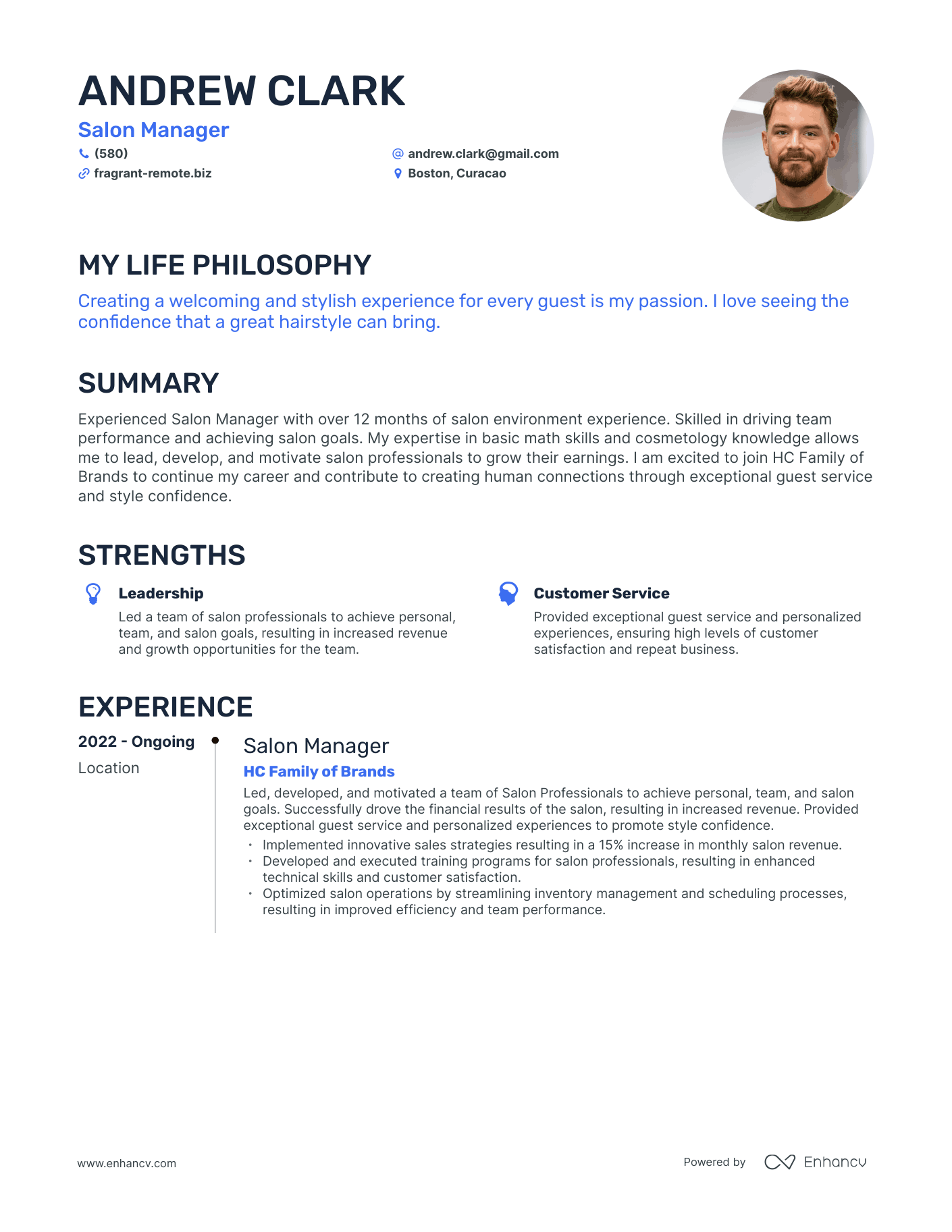 Creative Salon Manager Resume Example
