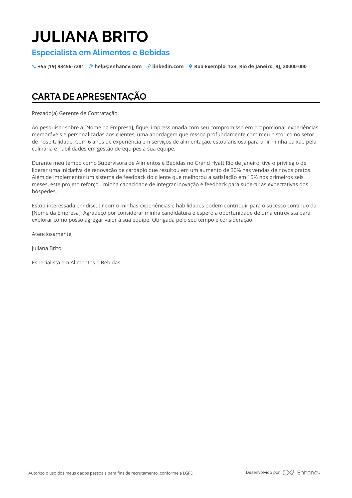 Garçom Carta de apresentação
